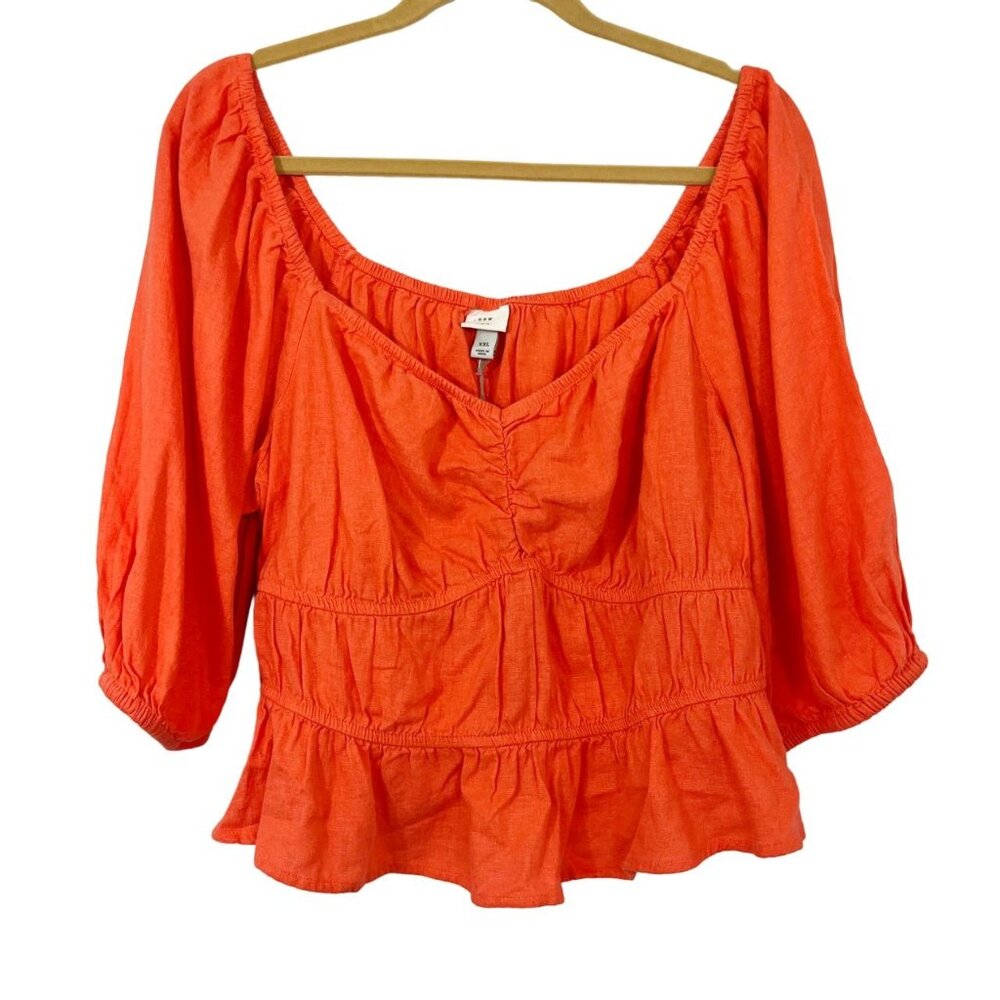 NEW A New Day Orange Puff Sleeve Tiered Peasant Top Linen - Women's Size XXL